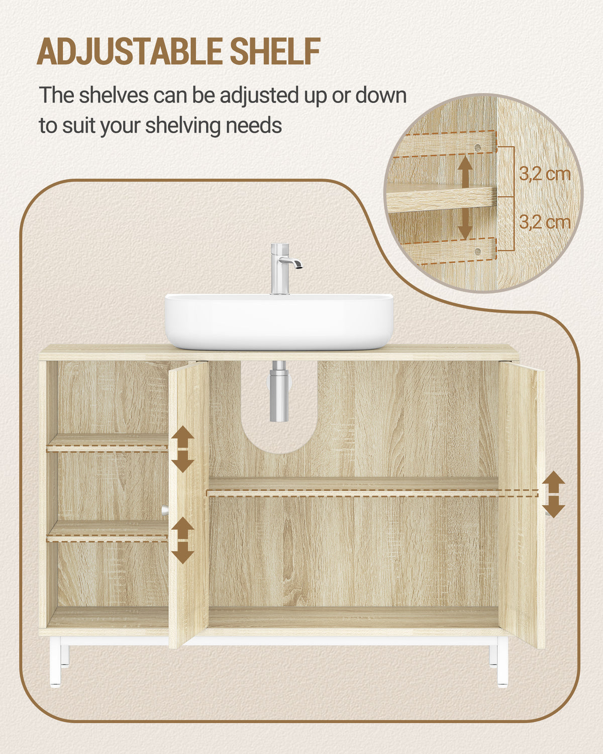joyunite vanity unit, base cabinet, washbasin cabinet, bathroom cabinet with 2 doors, adjustable shelf, ample storage space, modern style, 30 x 90 x 63 cm, light oak BC09816W