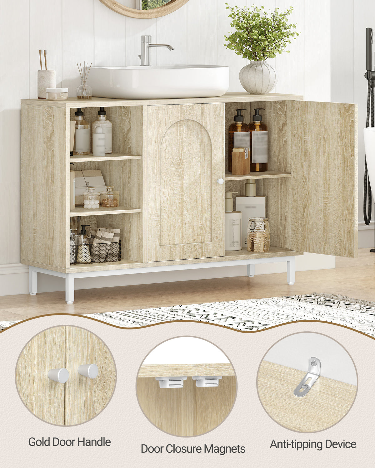 joyunite vanity unit, base cabinet, washbasin cabinet, bathroom cabinet with 2 doors, adjustable shelf, ample storage space, modern style, 30 x 90 x 63 cm, light oak BC09816W