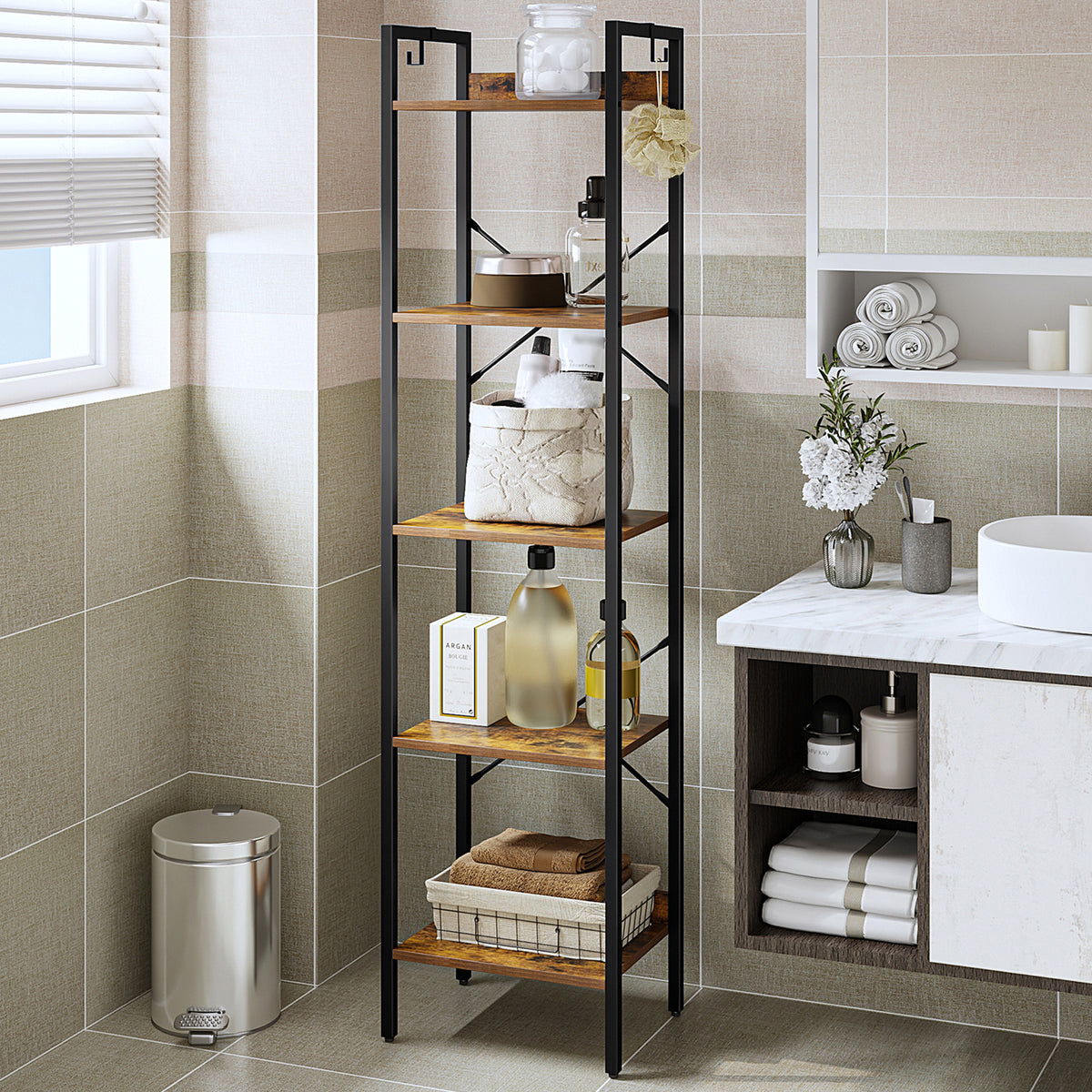 joyunite Bookcase, 5-Tier Bookshelf, Narrow Bookcase Shelving Unit for Living Room, Office, Sturdy, Bedroom, 24 x 40 x 160 cm, Industrial, Rustic Brown and Black, BC10501B
