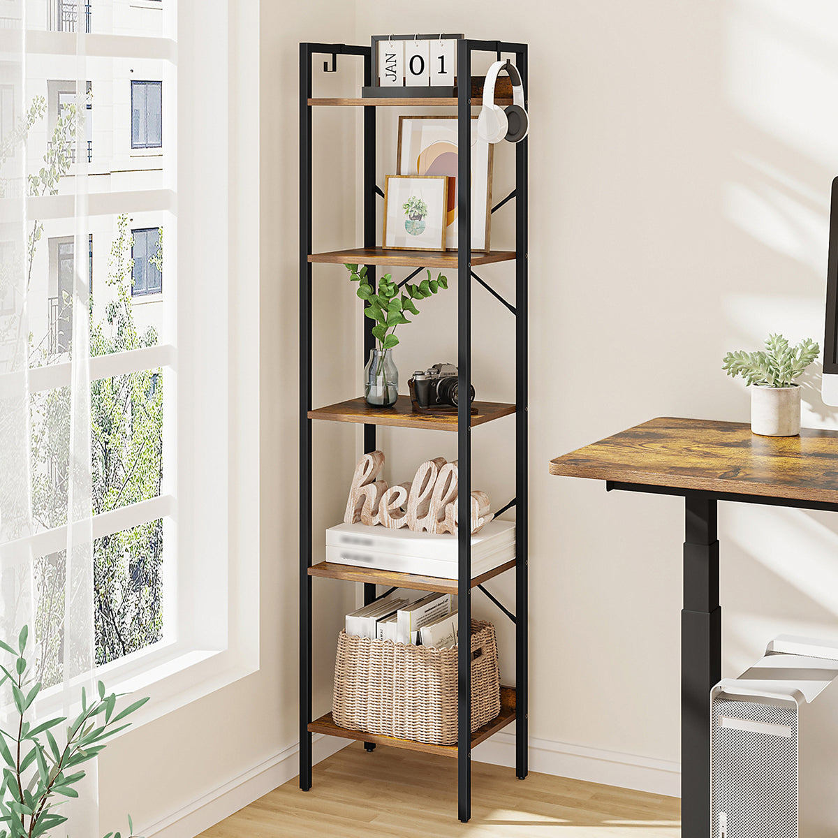 joyunite Bookcase, 5-Tier Bookshelf, Narrow Bookcase Shelving Unit for Living Room, Office, Sturdy, Bedroom, 24 x 40 x 160 cm, Industrial, Rustic Brown and Black, BC10501B