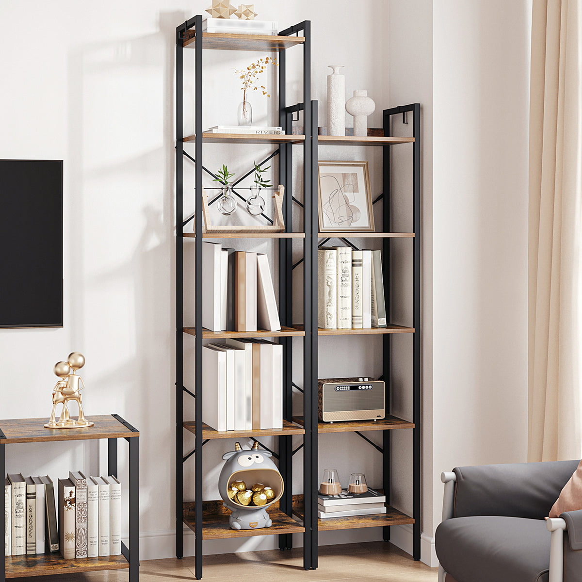 joyunite Bookcase, 5-Tier Bookshelf, Narrow Bookcase Shelving Unit for Living Room, Office, Sturdy, Bedroom, 24 x 40 x 160 cm, Industrial, Rustic Brown and Black, BC10501B