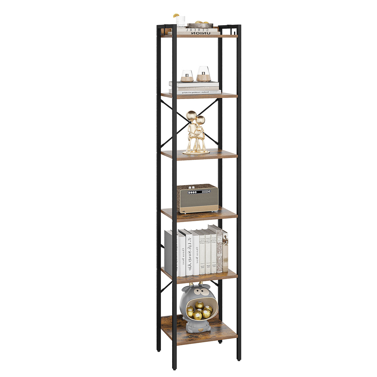joyunite Bookcase, 6-Tier Bookshelf, Narrow Bookcase Shelving Unit for Living Room, Office, Sturdy, Bedroom, 24 x 40 x 185 cm, Industrial, Rustic Brown and Black, BC10701B