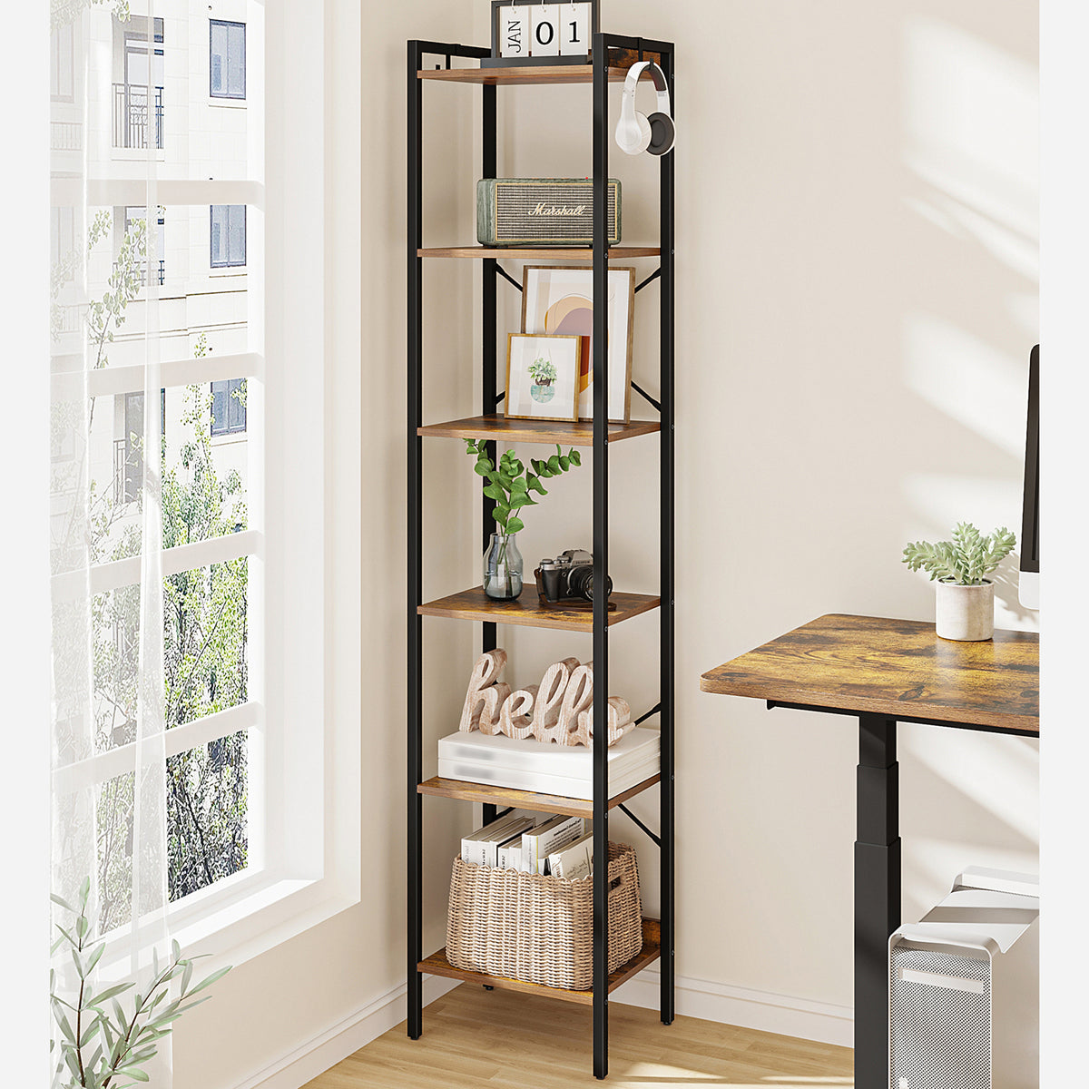 joyunite Bookcase, 6-Tier Bookshelf, Narrow Bookcase Shelving Unit for Living Room, Office, Sturdy, Bedroom, 24 x 40 x 185 cm, Industrial, Rustic Brown and Black, BC10701B