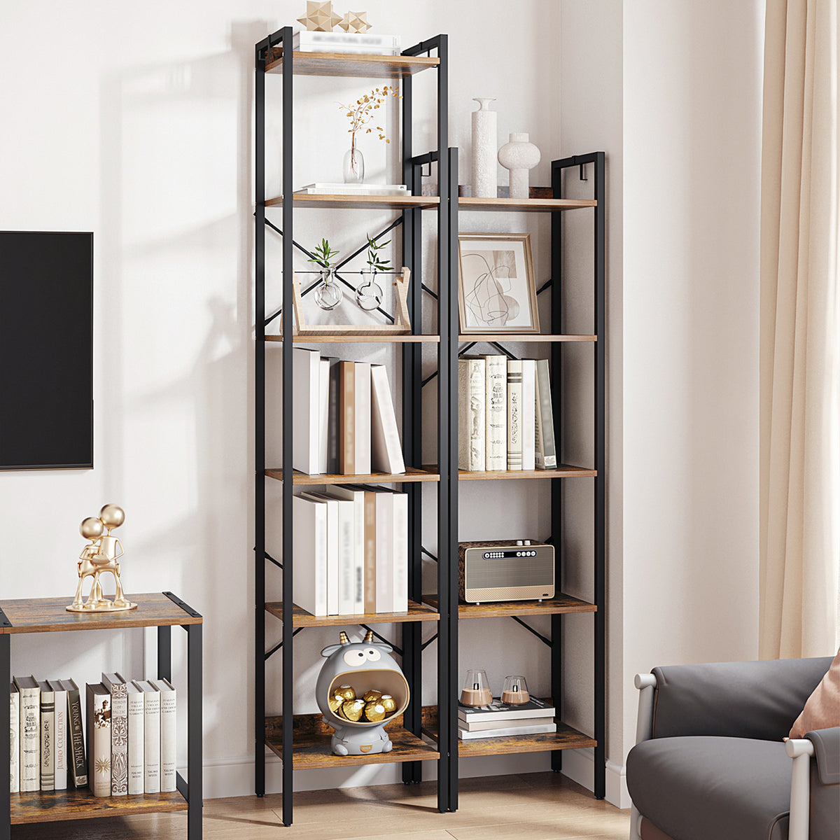 joyunite Bookcase, 6-Tier Bookshelf, Narrow Bookcase Shelving Unit for Living Room, Office, Sturdy, Bedroom, 24 x 40 x 185 cm, Industrial, Rustic Brown and Black, BC10701B