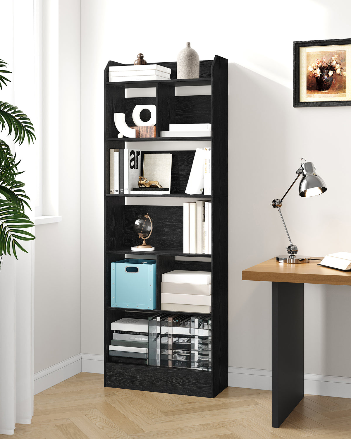 joyunite Bookshelf, Bookcase, with 6 Shelves, Storage Shelf, Freestanding Shelf, for Living Room, Office, Bedroom, 24 x 60 x 170 cm, Black BC11104X