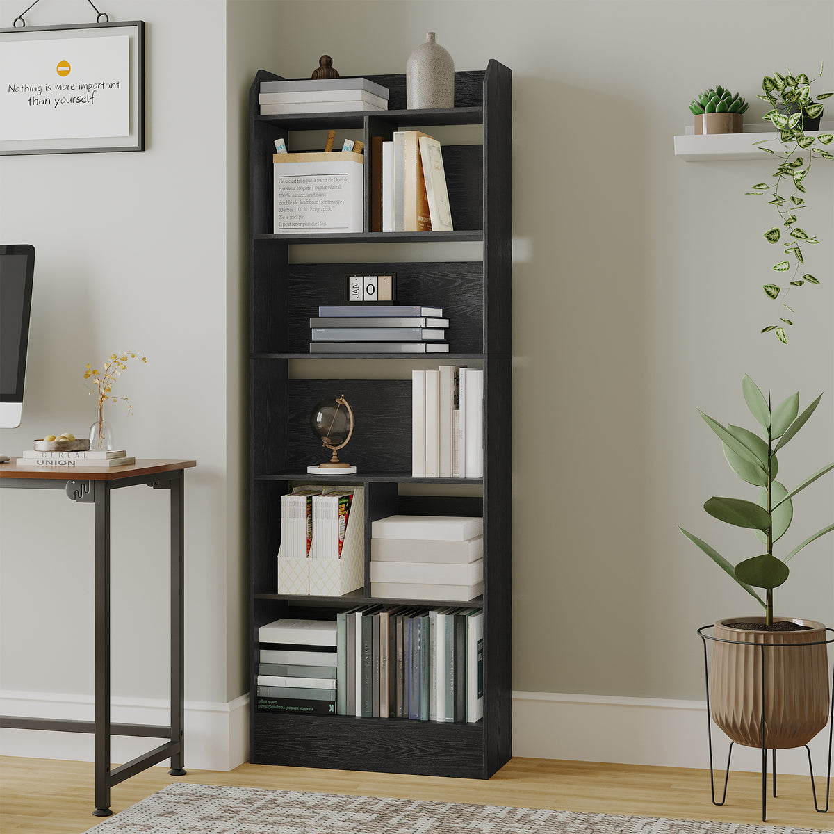joyunite Bookshelf, Bookcase, with 6 Shelves, Storage Shelf, Freestanding Shelf, for Living Room, Office, Bedroom, 24 x 60 x 170 cm, Black BC11104X
