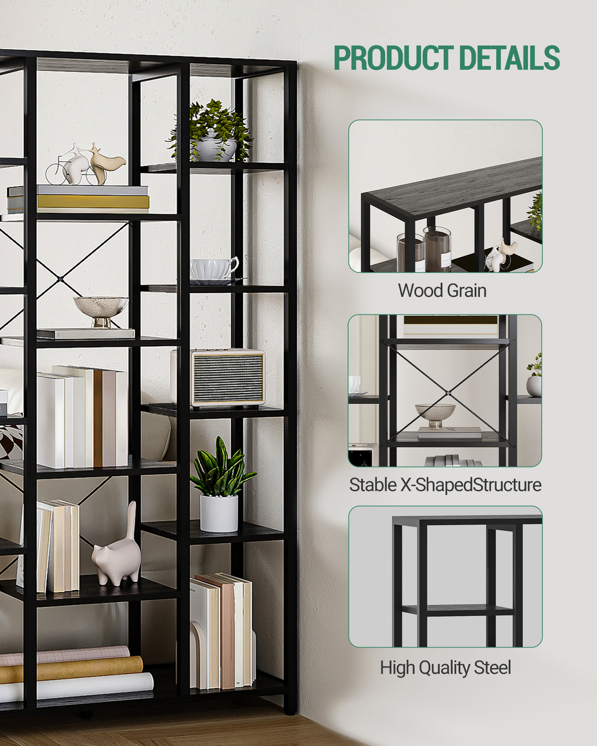 joyunite Bookshelf, Standing Shelf with 6 Levels and 15 Shelves, Adjustable Open Shelves, for Living Room, Office, Bedroom, 30 x 100 x 170 cm, Black with Wood Grain, BC15004B