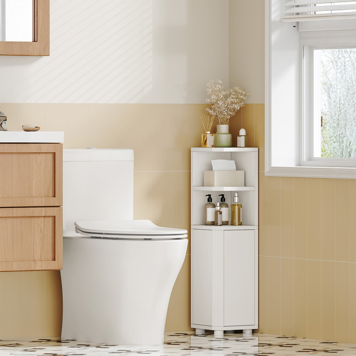 joyunite Bathroom Cabinet, Corner Bathroom Cabinet, Toilet Cabinet with Adjustable Shelves, 2 Side Doors, Freestanding Tall Cabinet, 20 x 20 x 79 cm, White BC20003X
