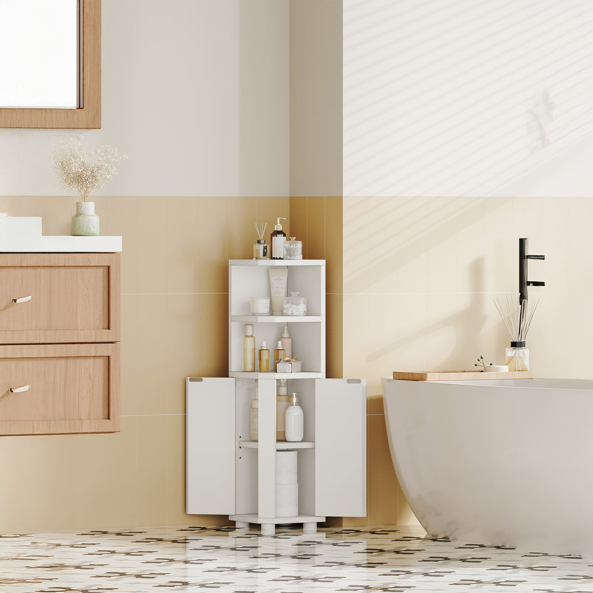 joyunite Bathroom Cabinet, Corner Bathroom Cabinet, Toilet Cabinet with Adjustable Shelves, 2 Side Doors, Freestanding Tall Cabinet, 20 x 20 x 79 cm, White BC20003X