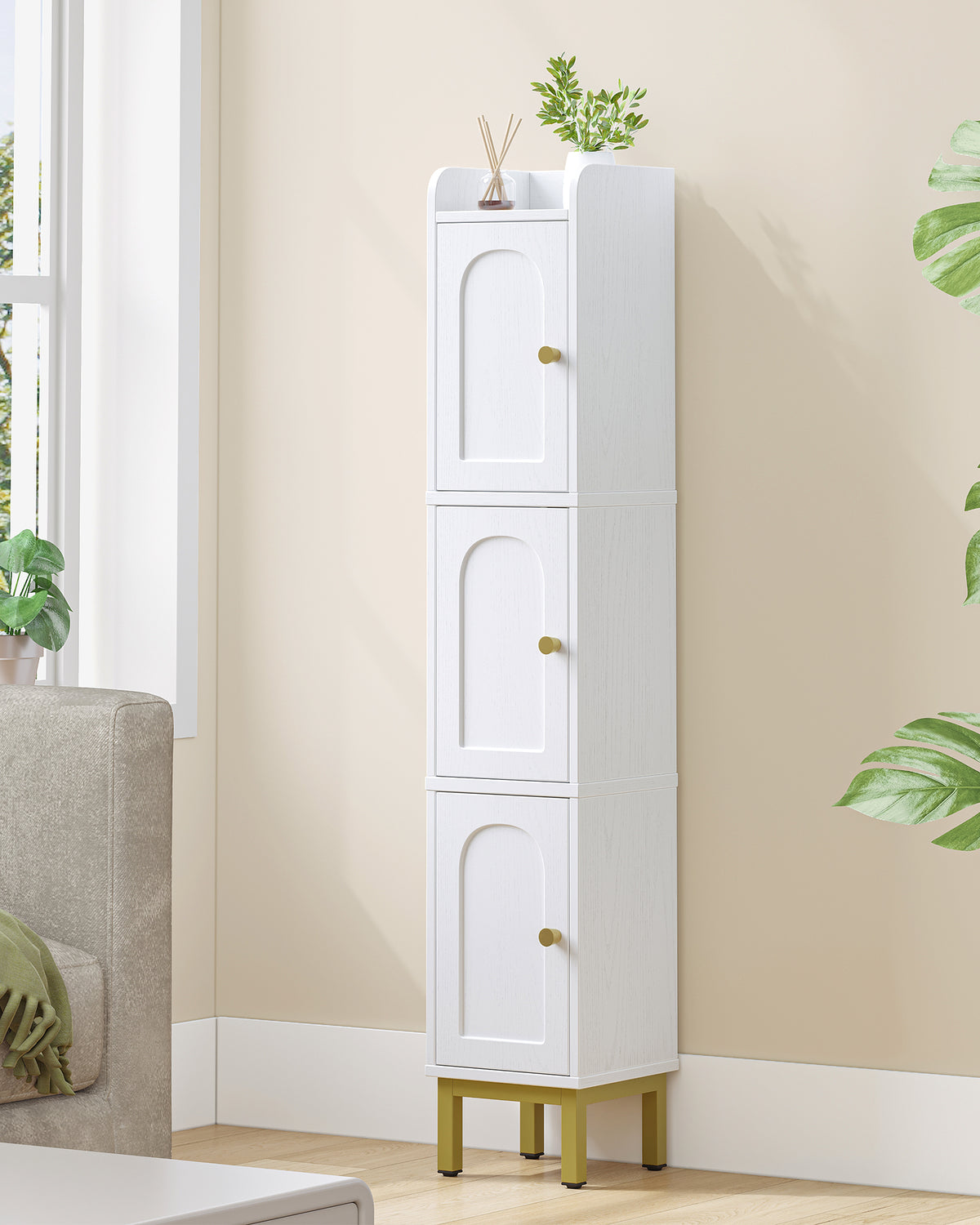 joyunite Bathroom Cabinet, Tall Cabinet with 3 Doors, 20 x 20 x 108.5 cm, Corner Cabinet, Toilet Cabinet, Adjustable Feet, for Bathroom, Laundry Room, Kitchen, Living Room, White BC22313G