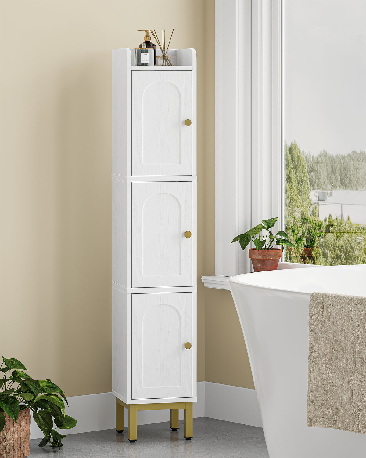 joyunite Bathroom Cabinet, Tall Cabinet with 3 Doors, 20 x 20 x 108.5 cm, Corner Cabinet, Toilet Cabinet, Adjustable Feet, for Bathroom, Laundry Room, Kitchen, Living Room, White BC22313G