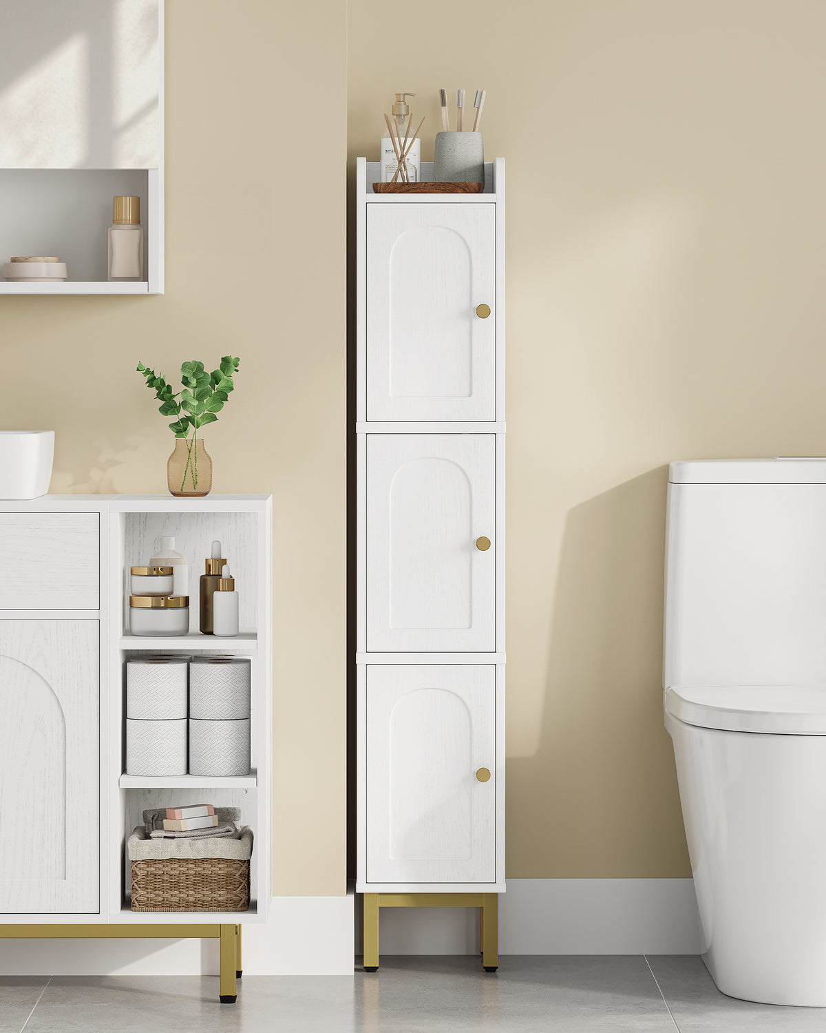 joyunite Bathroom Cabinet, Tall Cabinet with 3 Doors, 20 x 20 x 108.5 cm, Corner Cabinet, Toilet Cabinet, Adjustable Feet, for Bathroom, Laundry Room, Kitchen, Living Room, White BC22313G