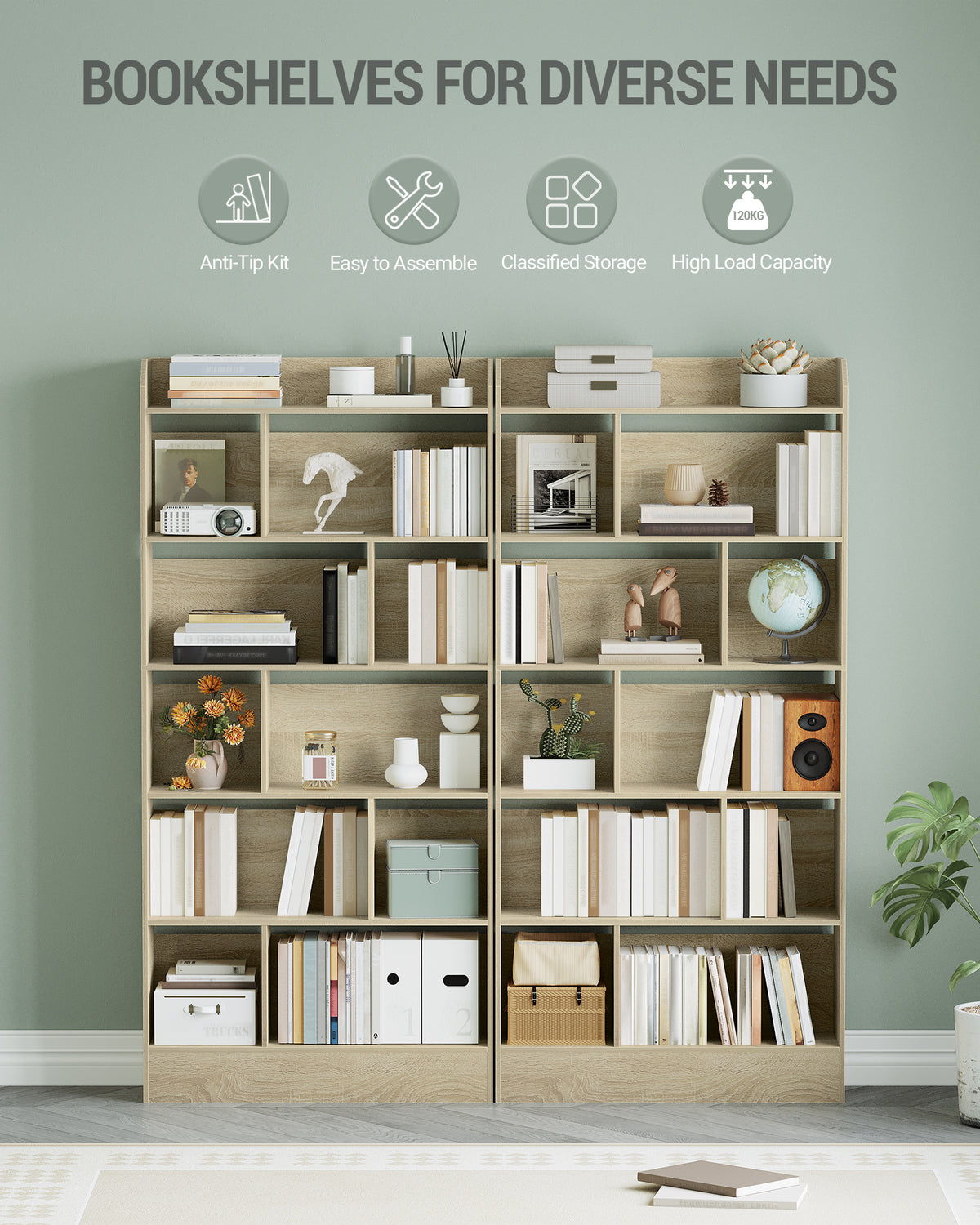 joyunite Bookshelf, Bookcase, with 6 Shelves, Storage Shelf, Freestanding Shelf, for Living Room, Office, Bedroom, 24 x 80 x 170 cm, Oak Beige BC22816X