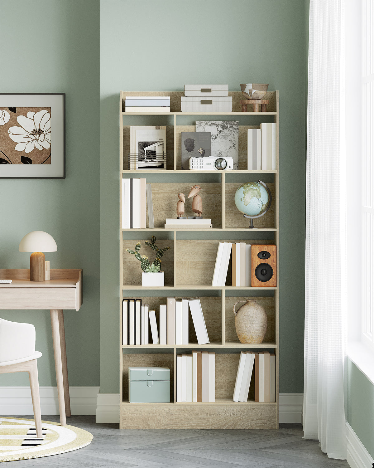 joyunite Bookshelf, Bookcase, with 6 Shelves, Storage Shelf, Freestanding Shelf, for Living Room, Office, Bedroom, 24 x 80 x 170 cm, Oak Beige BC22816X