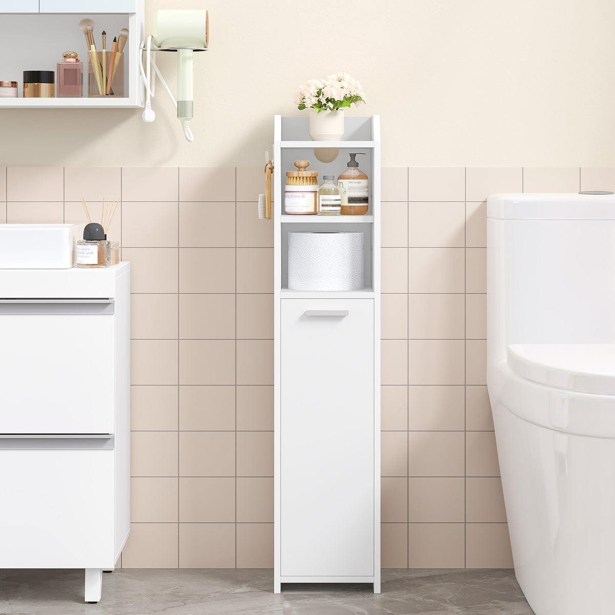 joyunite Bathroom Cabinet, Narrow Bathroom Cabinet, Toilet Cabinet, Narrow Bathroom Shelf, Adjustable Shelves, Easy Assembly, 20 x 20 x 90 cm White BC22903X