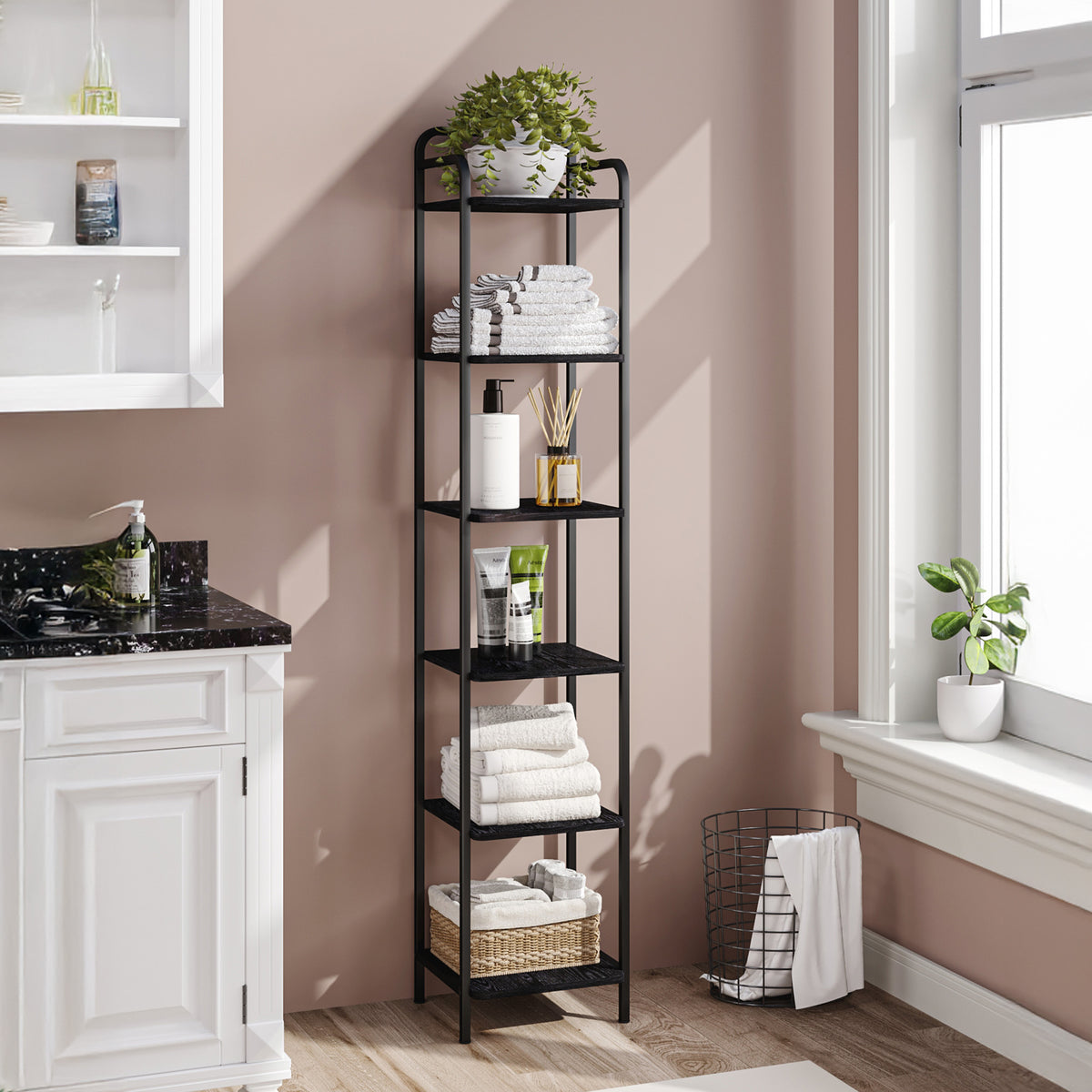 joyunite 6-Tier Bookcase Bookshelf, Narrow Tall Bookcase, Slim Wooden Shelving Unit for Bedroom, Living Room, Home Office, Sturdy, Black, BC24604B