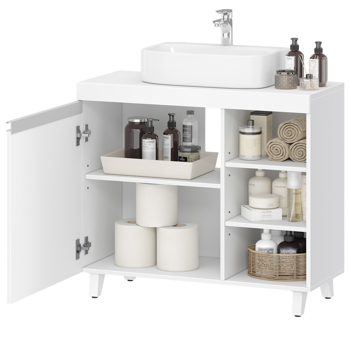 joyunite vanity unit, 30 x 70 x 64 cm, bathroom cabinet with 1 door and 3 open compartments, base cabinet with adjustable shelves, freestanding vanity unit, white BC27903X