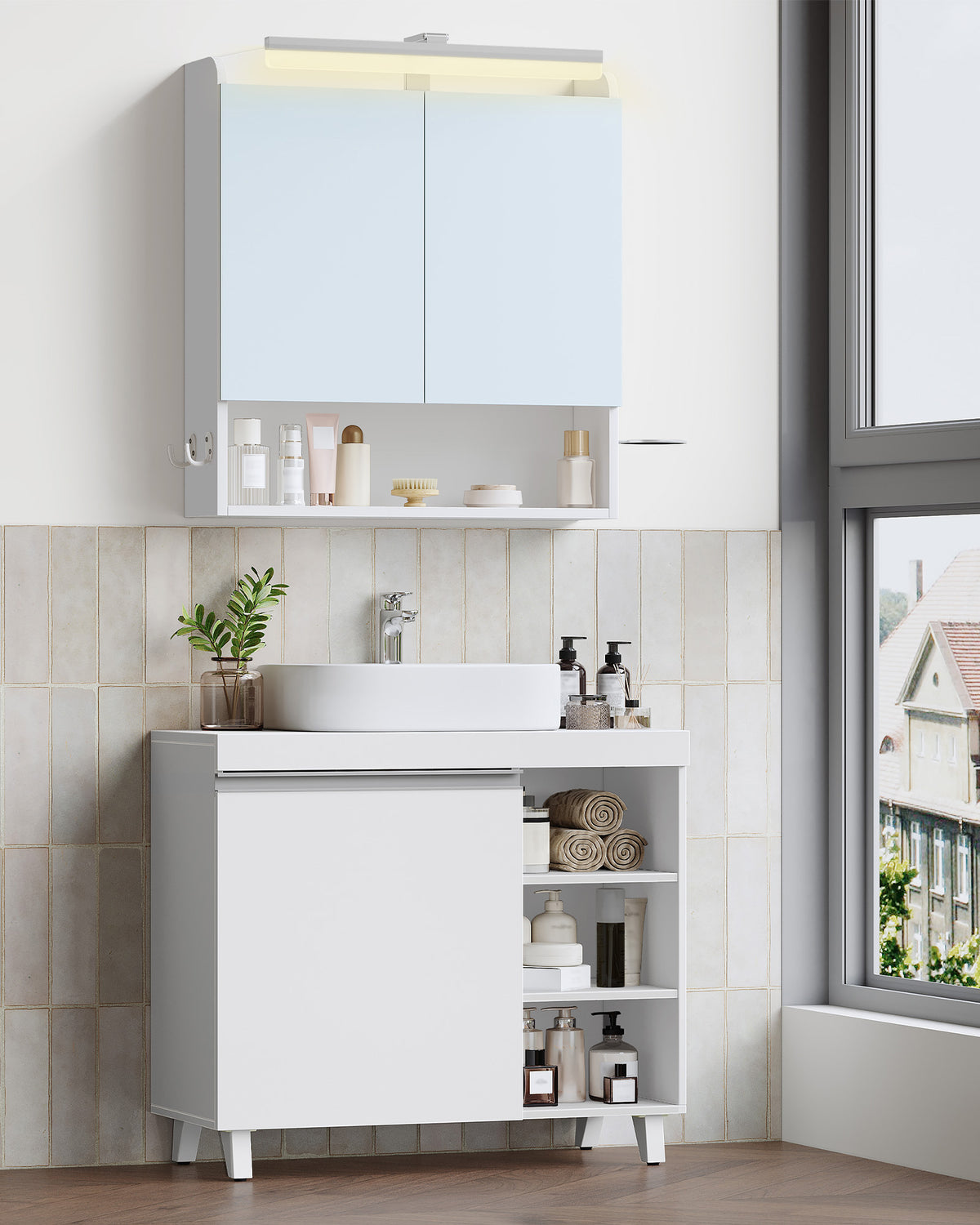 joyunite vanity unit, 30 x 70 x 64 cm, bathroom cabinet with 1 door and 3 open compartments, base cabinet with adjustable shelves, freestanding vanity unit, white BC27903X