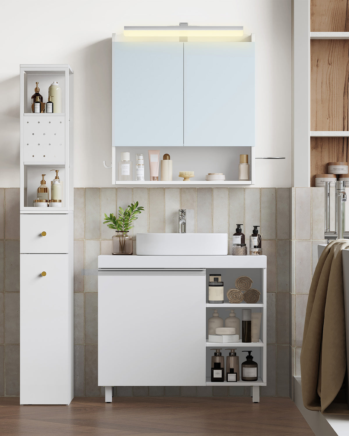 joyunite vanity unit, 30 x 70 x 64 cm, bathroom cabinet with 1 door and 3 open compartments, base cabinet with adjustable shelves, freestanding vanity unit, white BC27903X