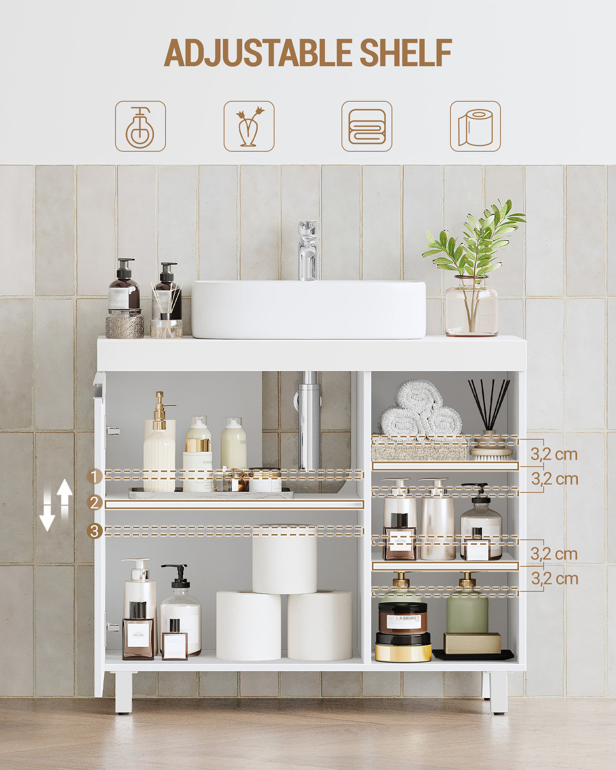 joyunite vanity unit, 30 x 70 x 64 cm, bathroom cabinet with 1 door and 3 open compartments, base cabinet with adjustable shelves, freestanding vanity unit, white BC27903X