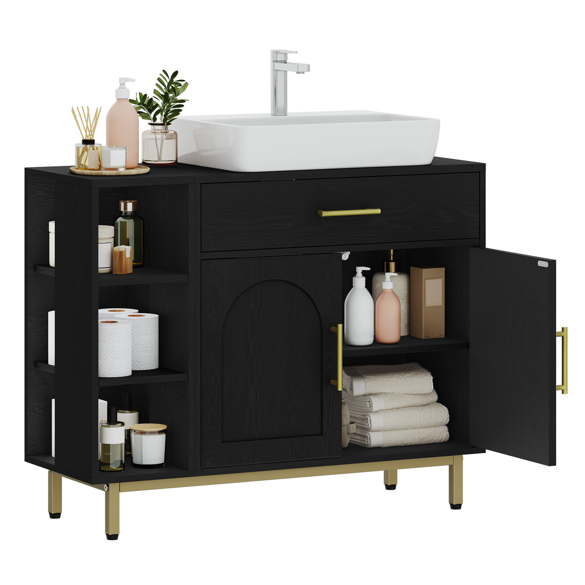 joyunite washbasin cabinet, bathroom cabinet, 1 drawer, 2 cabinet doors, open compartment with 3 shelves, adjustable shelf, black with wood grain, 30 x 80 x 64cm BC28804G