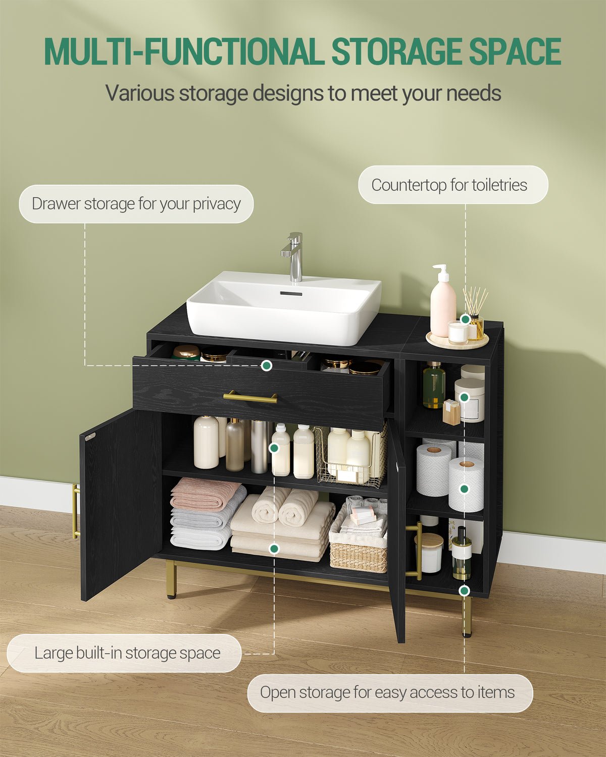 joyunite washbasin cabinet, bathroom cabinet, 1 drawer, 2 cabinet doors, open compartment with 3 shelves, adjustable shelf, black with wood grain, 30 x 80 x 64cm BC28804G