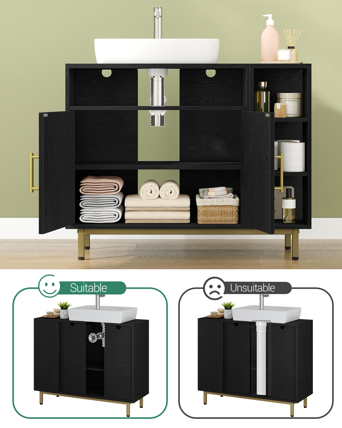 joyunite washbasin cabinet, bathroom cabinet, 1 drawer, 2 cabinet doors, open compartment with 3 shelves, adjustable shelf, black with wood grain, 30 x 80 x 64cm BC28804G