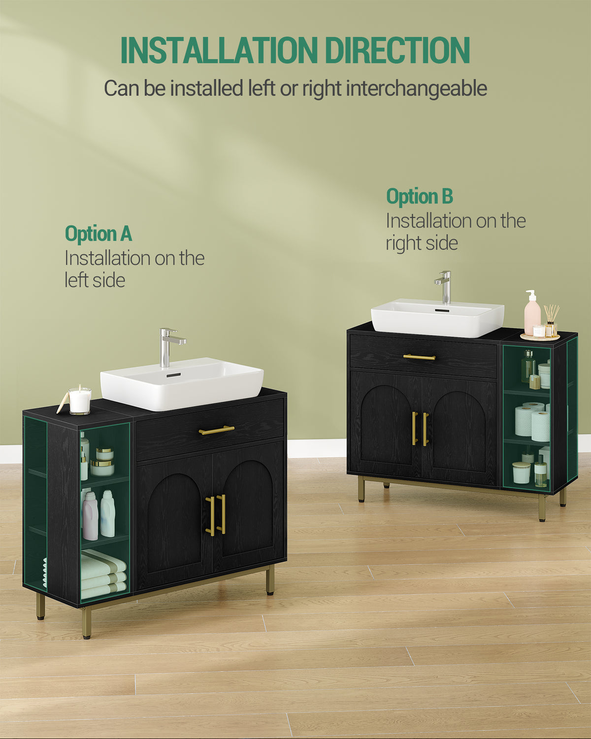 joyunite washbasin cabinet, bathroom cabinet, 1 drawer, 2 cabinet doors, open compartment with 3 shelves, adjustable shelf, black with wood grain, 30 x 80 x 64cm BC28804G