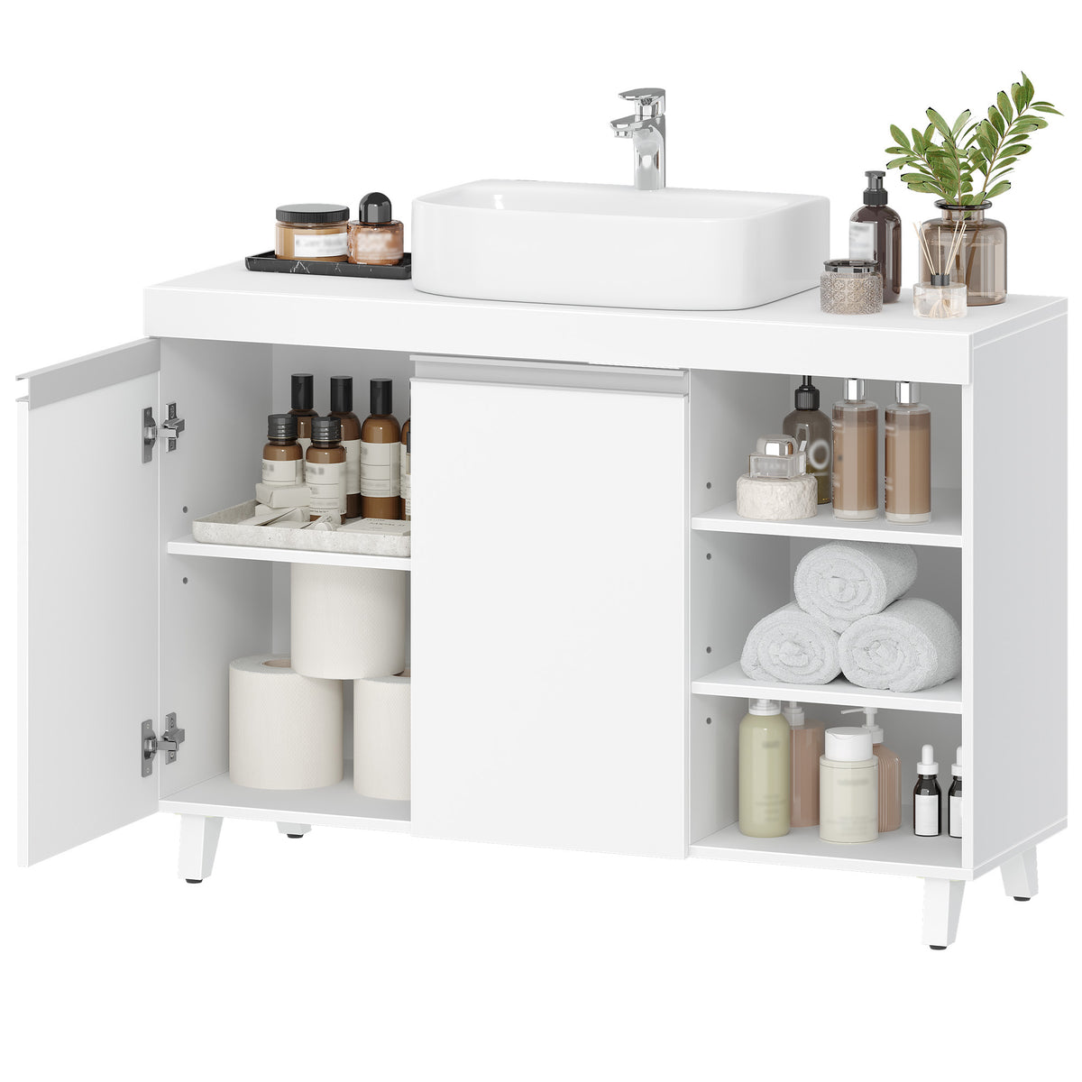 joyunite vanity unit, 30 x 90 x 64 cm, bathroom cabinet with 2 doors and 3 open compartments, base cabinet with adjustable shelves, freestanding vanity unit, white BC28903X