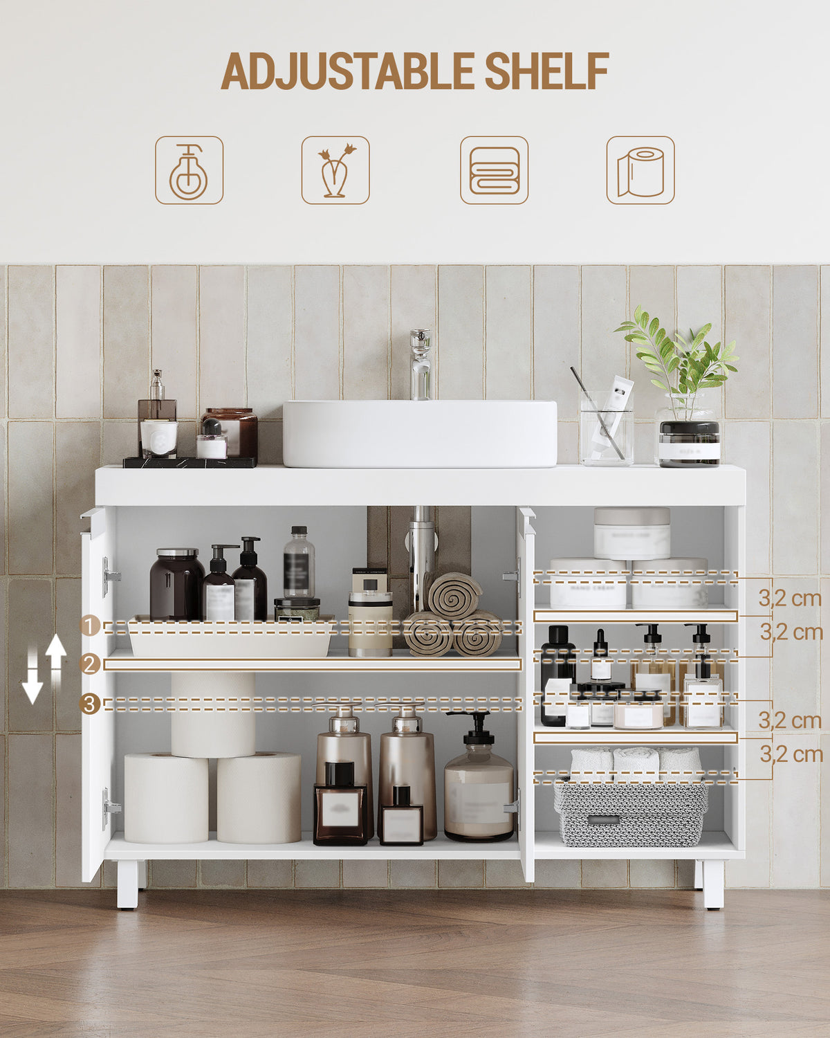 joyunite vanity unit, 30 x 90 x 64 cm, bathroom cabinet with 2 doors and 3 open compartments, base cabinet with adjustable shelves, freestanding vanity unit, white BC28903X