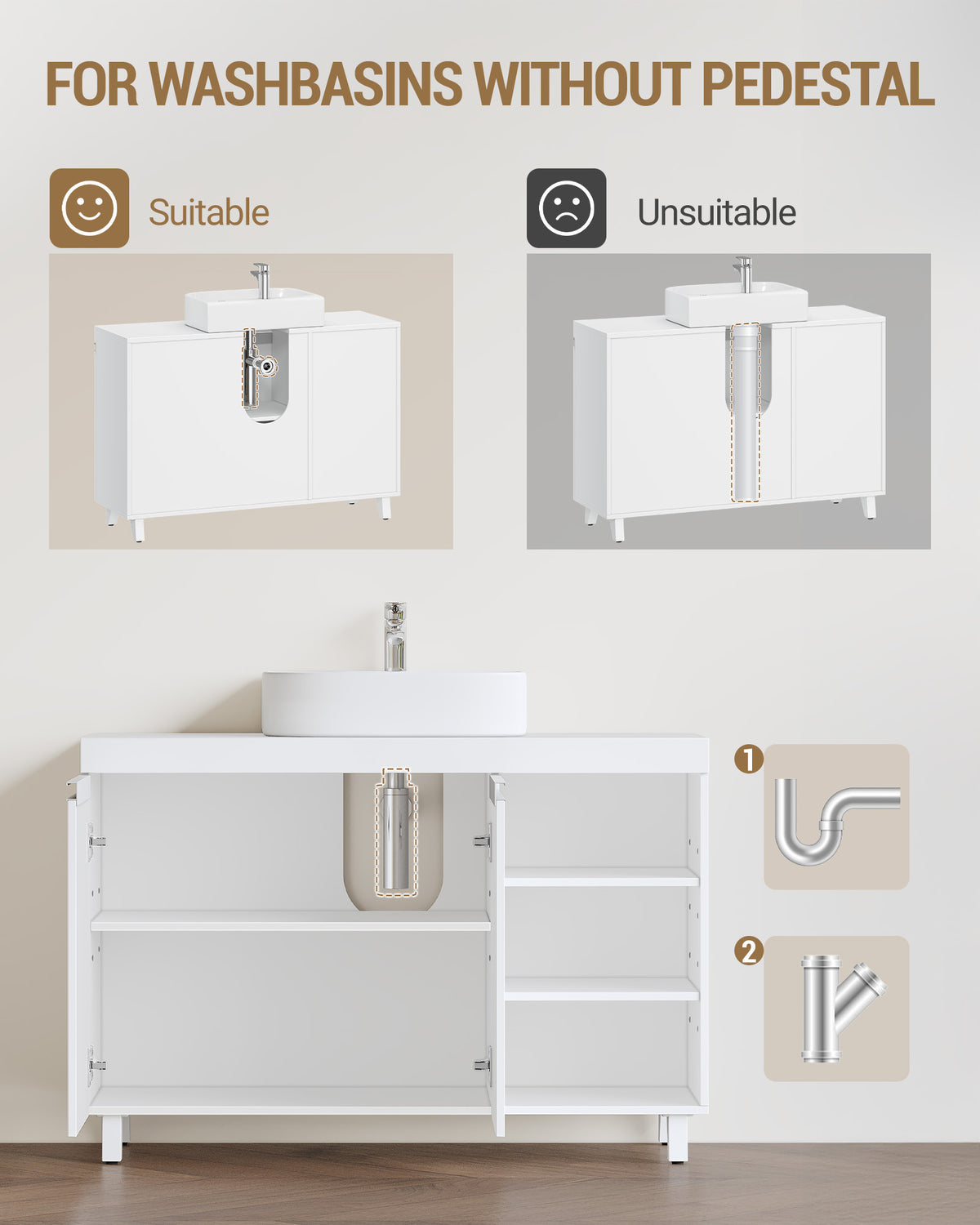 joyunite vanity unit, 30 x 90 x 64 cm, bathroom cabinet with 2 doors and 3 open compartments, base cabinet with adjustable shelves, freestanding vanity unit, white BC28903X
