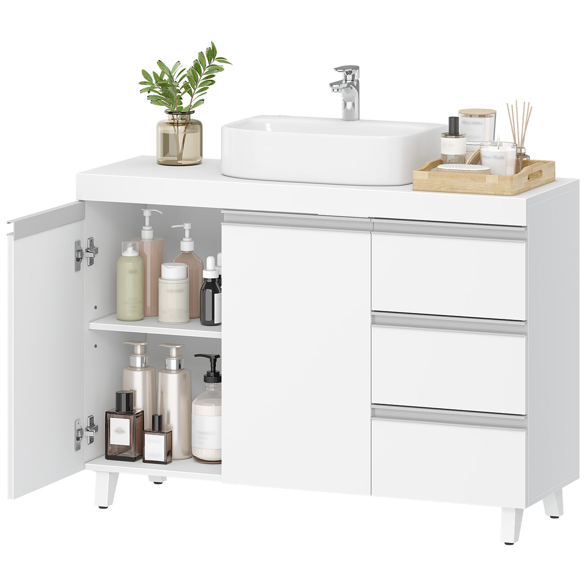 joyunite vanity unit, bathroom cabinet with 3 drawers, bathroom base cabinet, 2 doors, 2 compartments behind door, freestanding vanity unit, 30 x 90 x 64 cm, white BC29903X