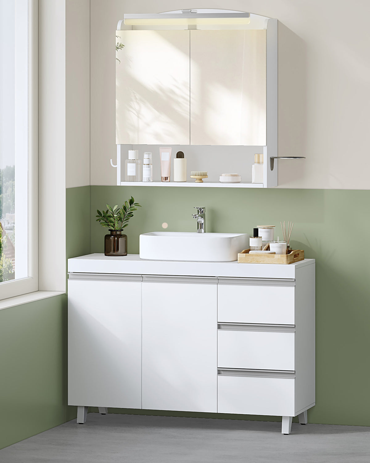 joyunite vanity unit, bathroom cabinet with 3 drawers, bathroom base cabinet, 2 doors, 2 compartments behind door, freestanding vanity unit, 30 x 90 x 64 cm, white BC29903X
