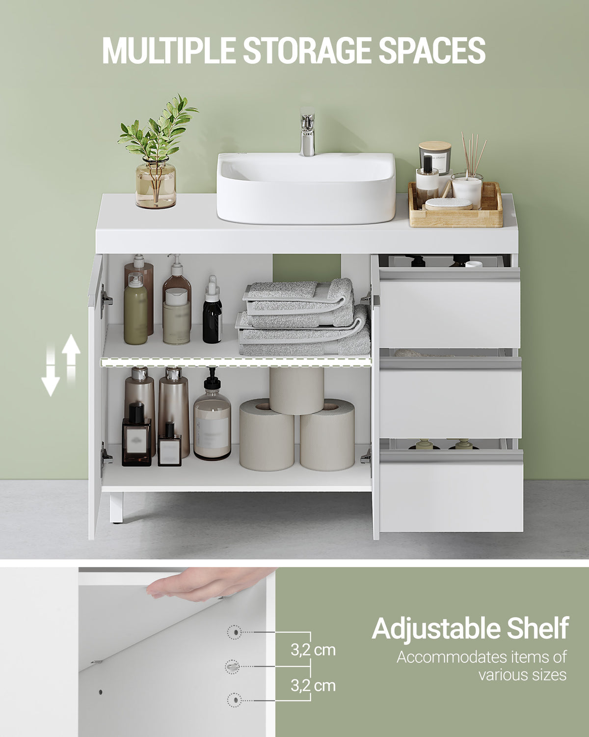 joyunite vanity unit, bathroom cabinet with 3 drawers, bathroom base cabinet, 2 doors, 2 compartments behind door, freestanding vanity unit, 30 x 90 x 64 cm, white BC29903X