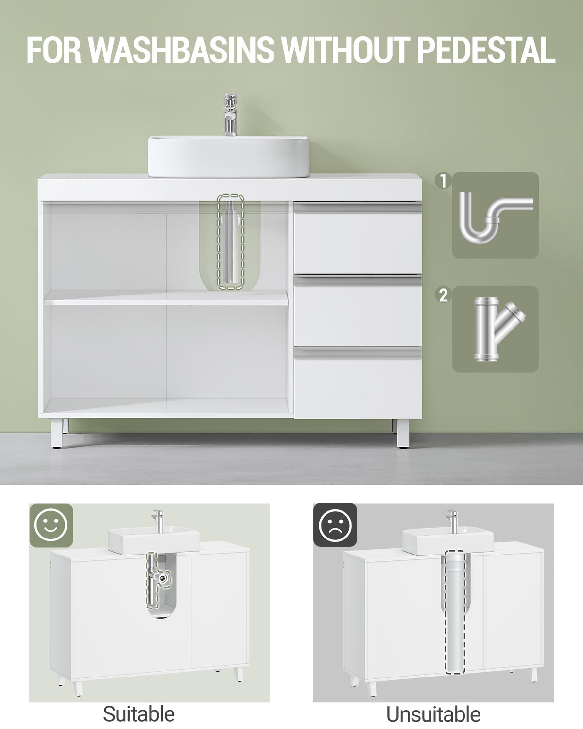 joyunite vanity unit, bathroom cabinet with 3 drawers, bathroom base cabinet, 2 doors, 2 compartments behind door, freestanding vanity unit, 30 x 90 x 64 cm, white BC29903X