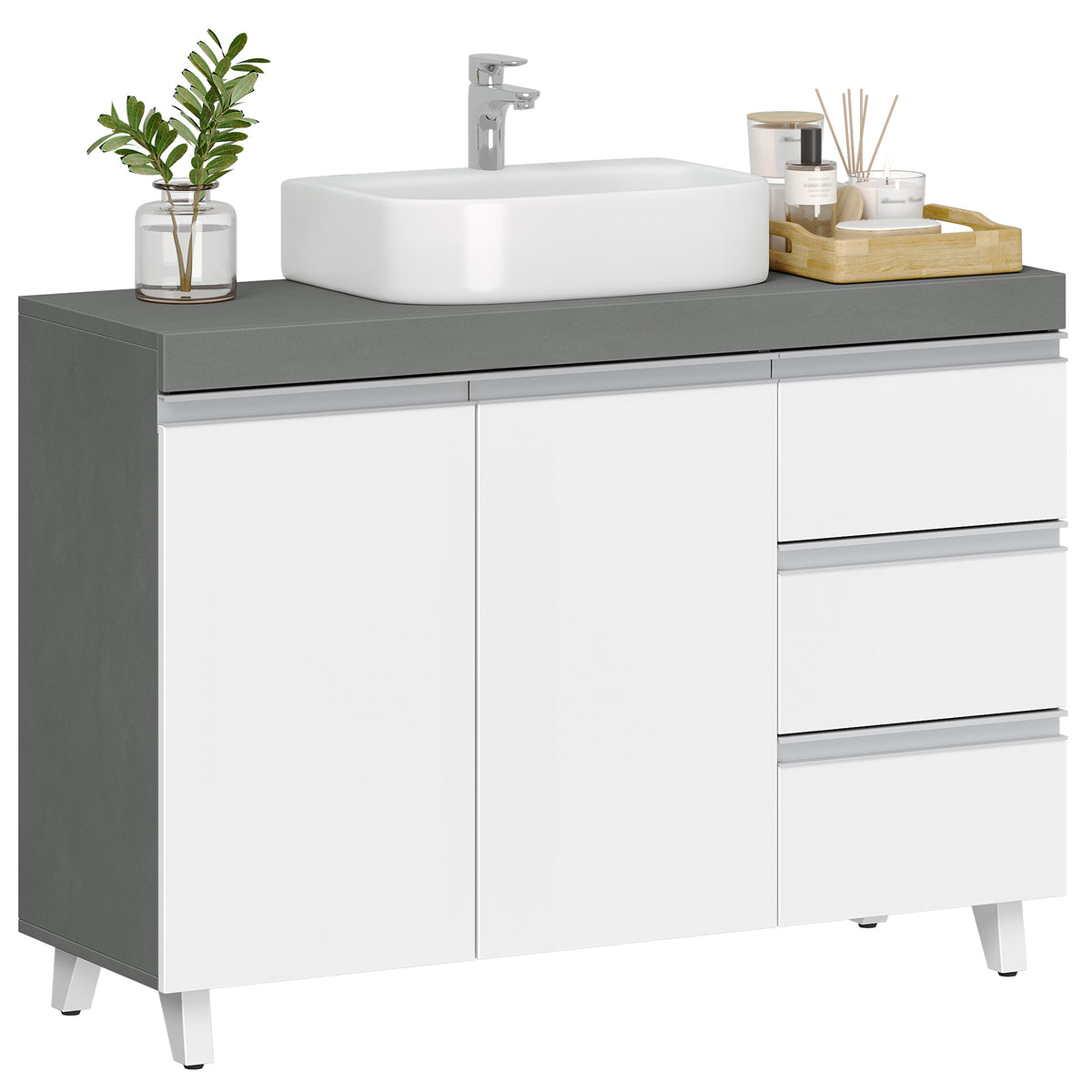 joyunite vanity unit, bathroom cabinet, with 3 drawers, 2 doors, 2 compartments behind doors, freestanding vanity unit, 30 x 90 x 64 cm, cloud white-cement grey, BC29929X