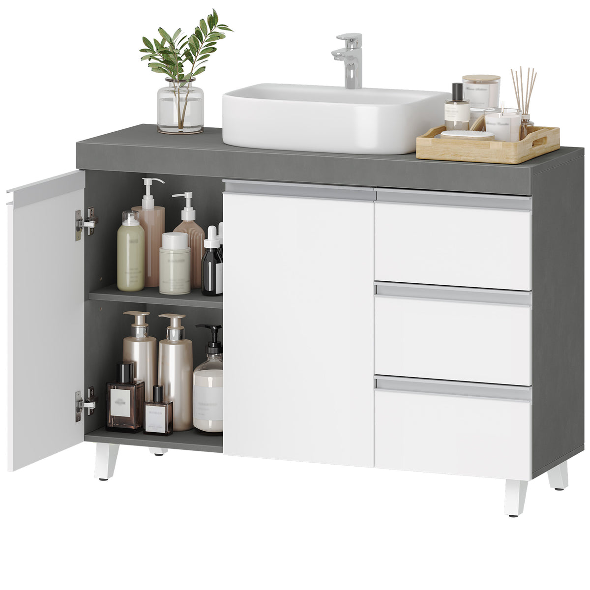 joyunite vanity unit, bathroom cabinet, with 3 drawers, 2 doors, 2 compartments behind doors, freestanding vanity unit, 30 x 90 x 64 cm, cloud white-cement grey, BC29929X