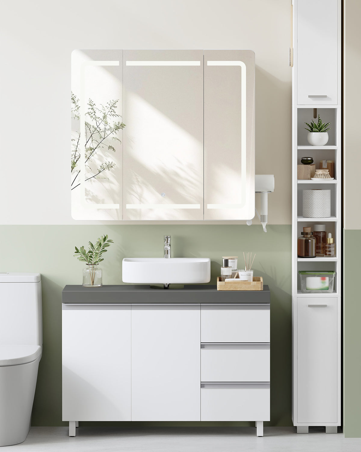 joyunite vanity unit, bathroom cabinet, with 3 drawers, 2 doors, 2 compartments behind doors, freestanding vanity unit, 30 x 90 x 64 cm, cloud white-cement grey, BC29929X