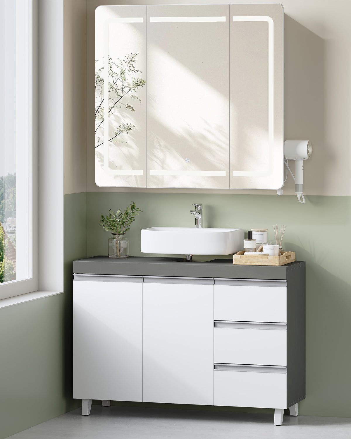 joyunite vanity unit, bathroom cabinet, with 3 drawers, 2 doors, 2 compartments behind doors, freestanding vanity unit, 30 x 90 x 64 cm, cloud white-cement grey, BC29929X