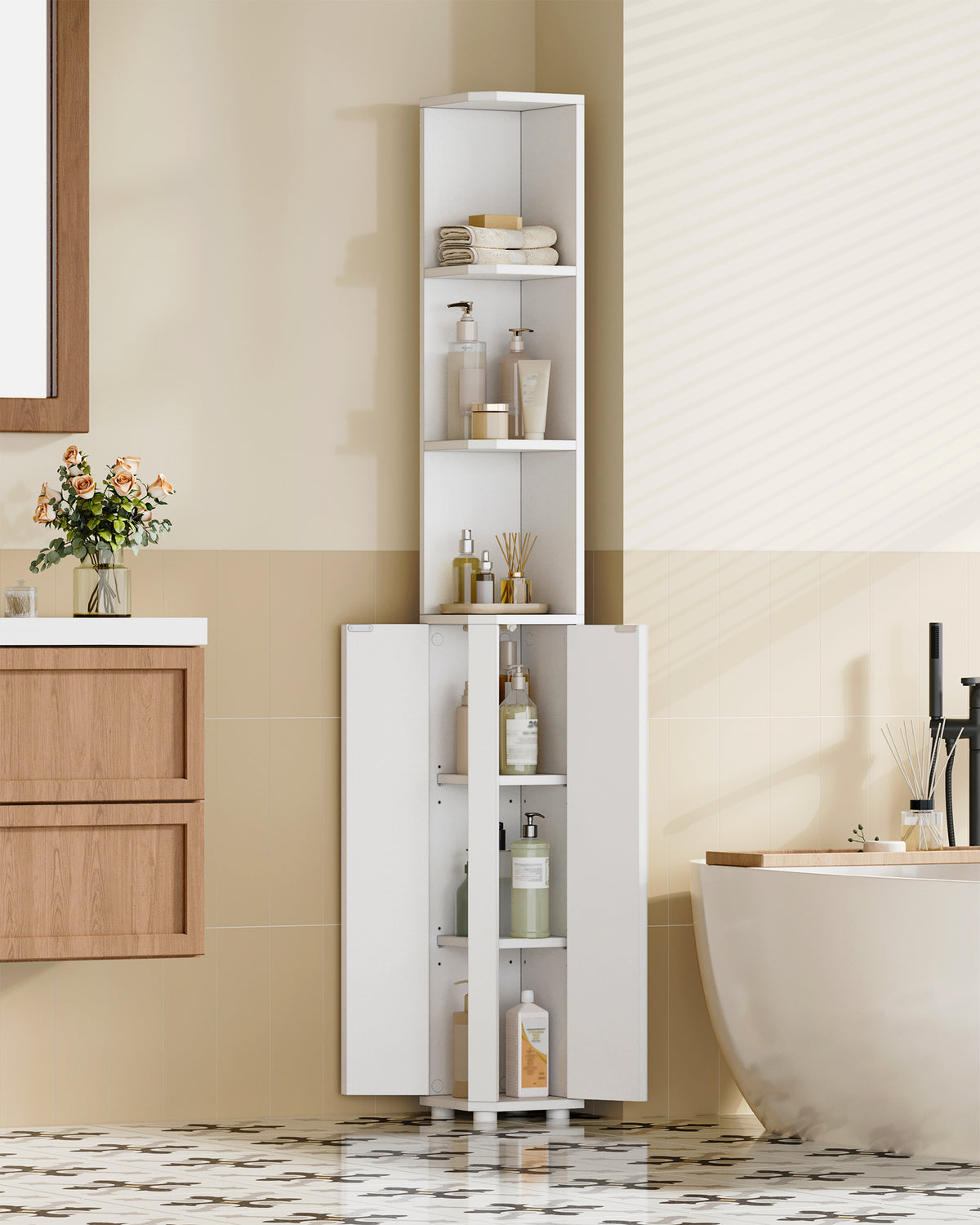 joyunite Tall Bathroom Cabinet, Corner Bathroom Cupboard with 3 Open Shelves and 2 Door, Freestanding White Wooden Corner Shelf Unit for Small Spaces, 20 x 20 x 170 cm, White, BC30003X