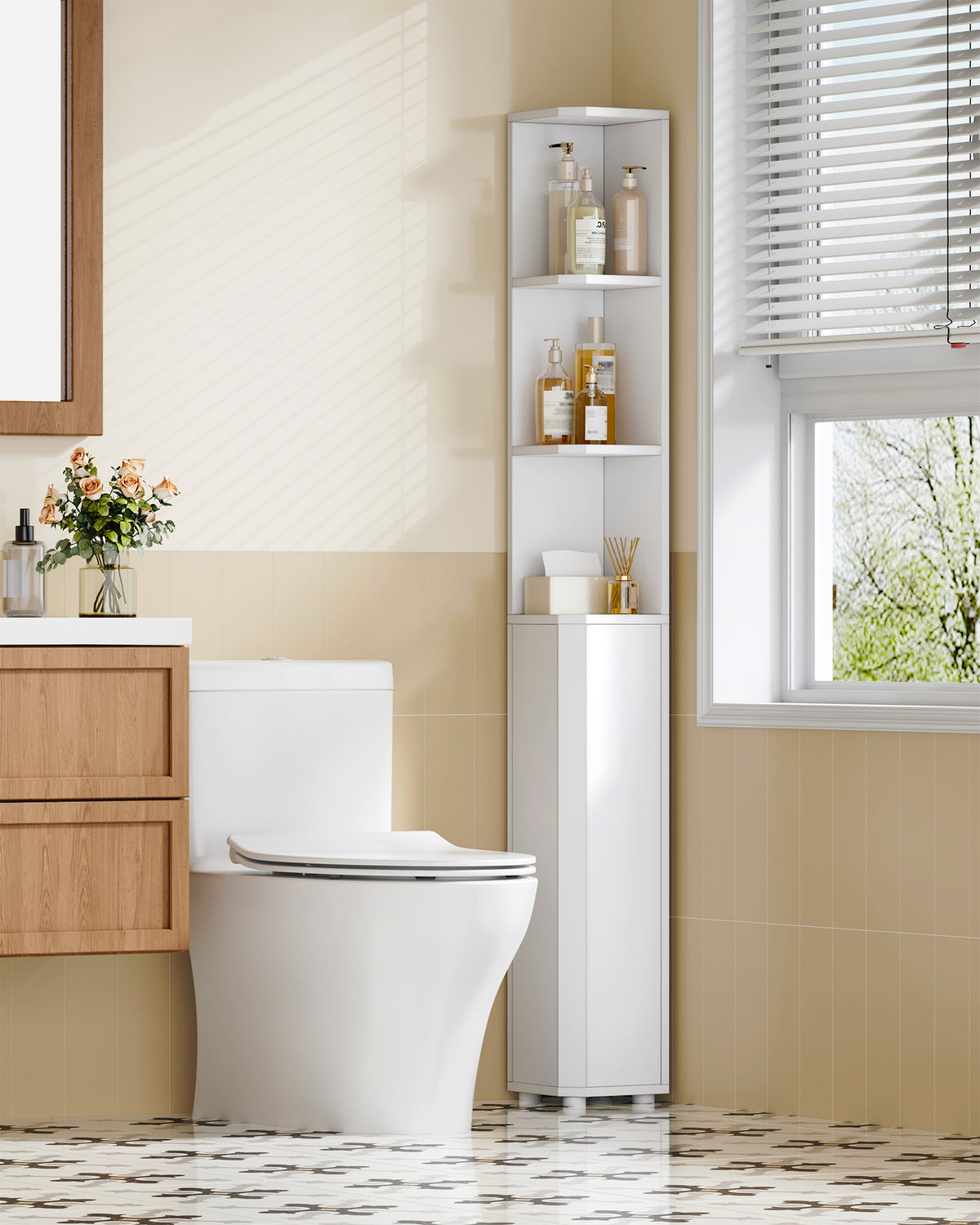 joyunite Tall Bathroom Cabinet, Corner Bathroom Cupboard with 3 Open Shelves and 2 Door, Freestanding White Wooden Corner Shelf Unit for Small Spaces, 20 x 20 x 170 cm, White, BC30003X