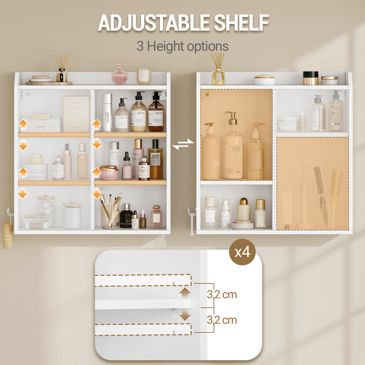 joyunite Wall Cabinet with Adjustable Shelves with Sliding Doors and Open Shelves, Wall Mounted Bathroom Cabinet, 20 x 60 x 60 cm, White BC30203X