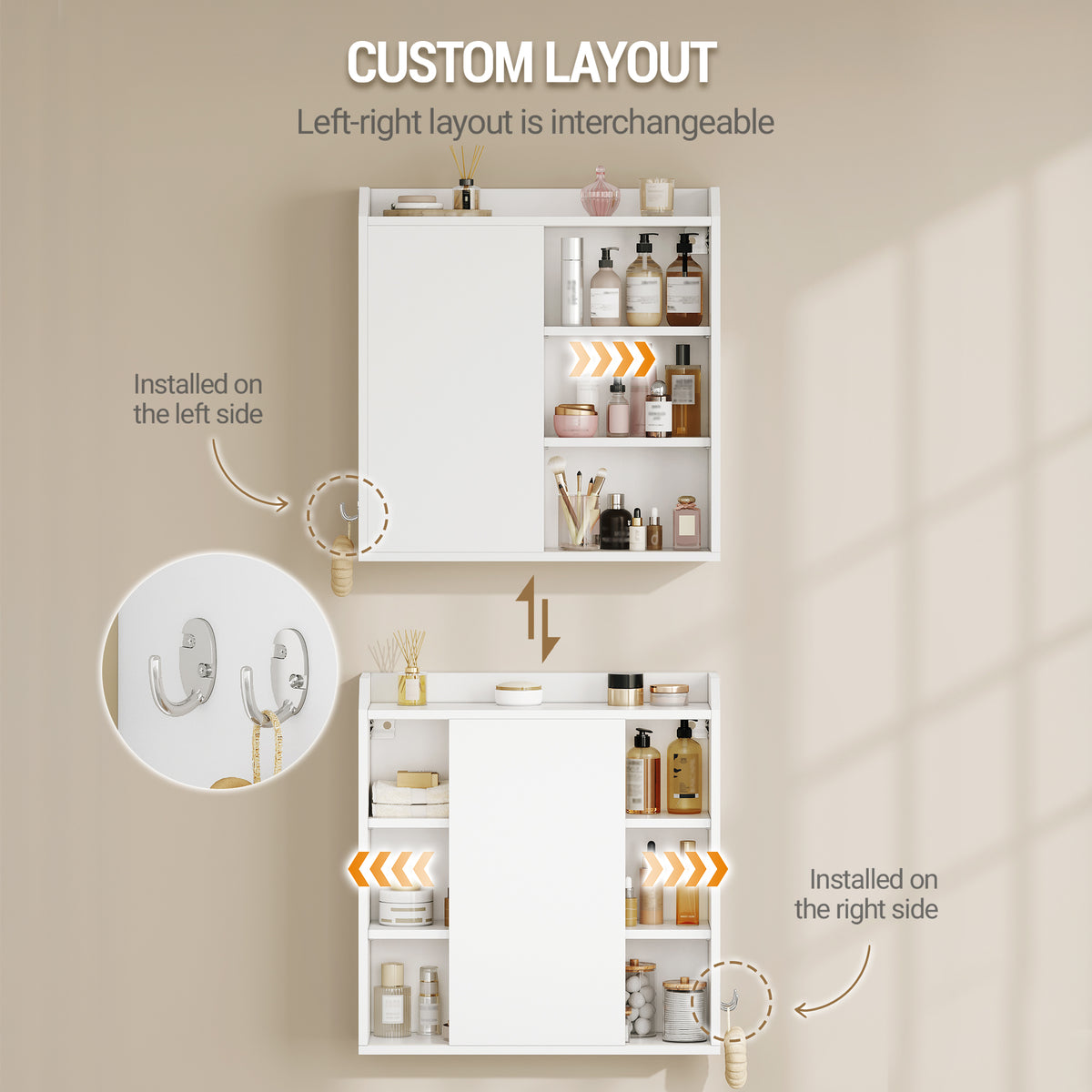 joyunite Wall Cabinet with Adjustable Shelves with Sliding Doors and Open Shelves, Wall Mounted Bathroom Cabinet, 20 x 60 x 60 cm, White BC30203X
