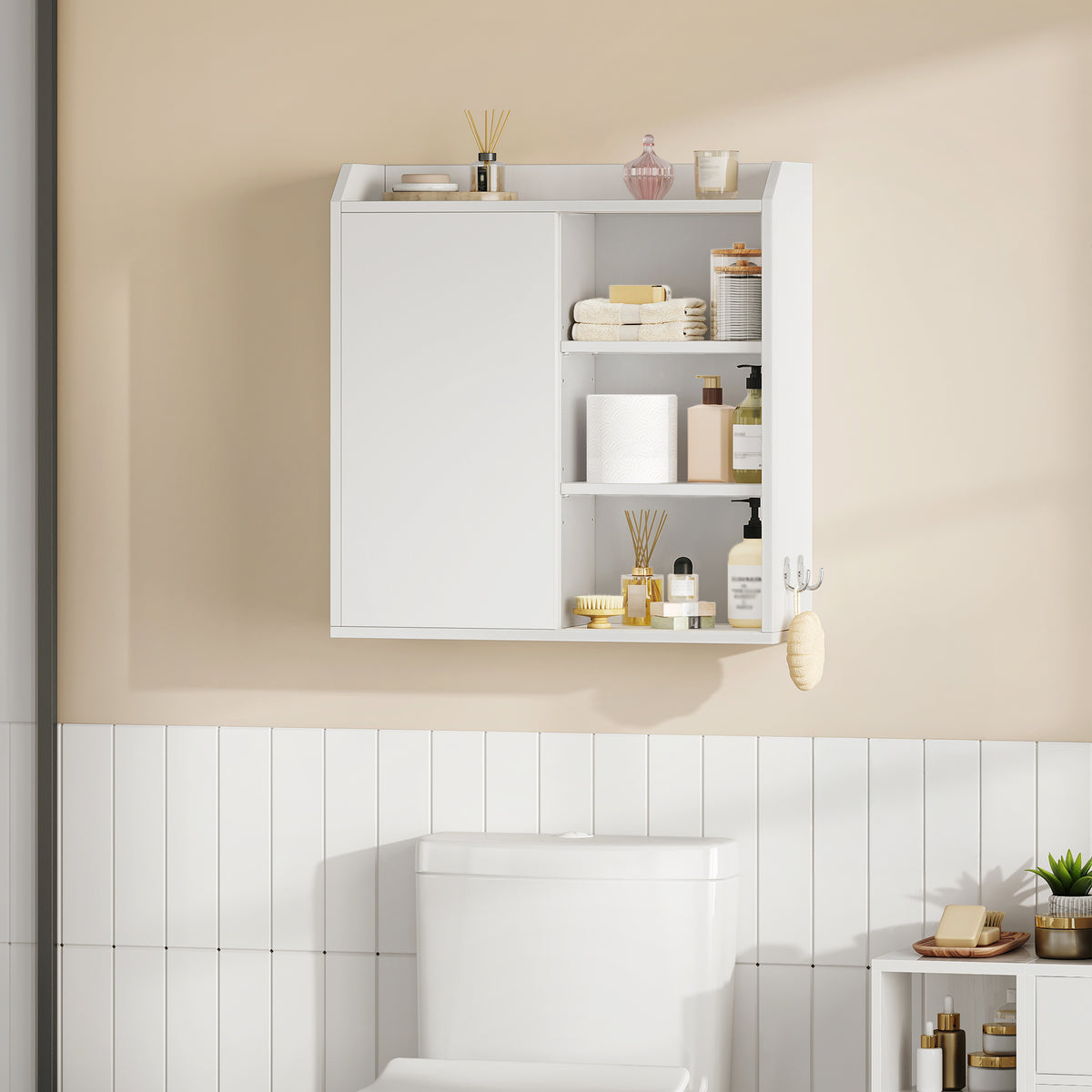 joyunite Wall Cabinet with Adjustable Shelves with Sliding Doors and Open Shelves, Wall Mounted Bathroom Cabinet, 20 x 60 x 60 cm, White BC30203X