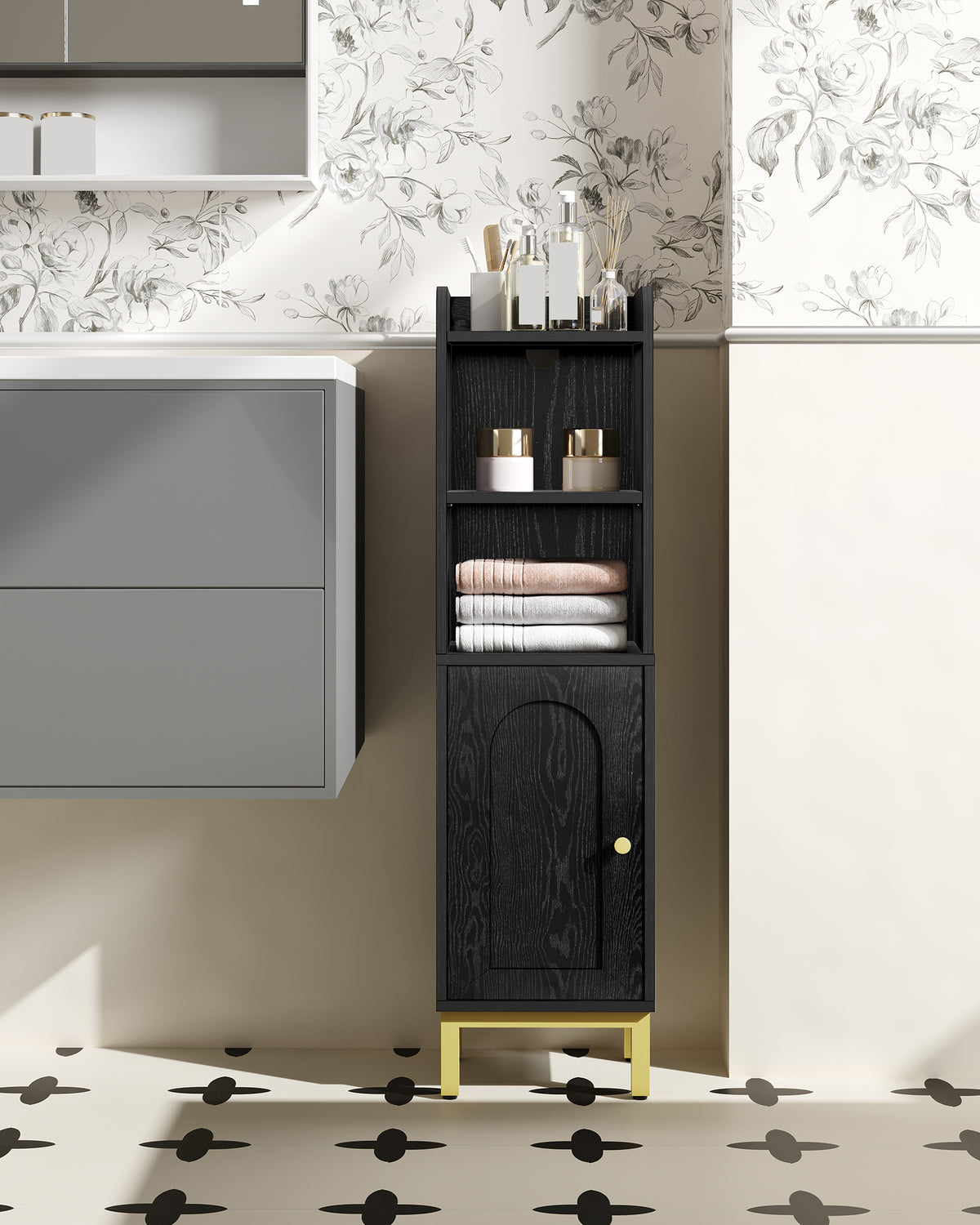 joyunite Bathroom Cabinet, Small Corner Floor Cabinet with Door and Shelves, Narrow Toilet Paper Cabinets, Bathroom Organizer with Adjustable Shelf, for Small Spaces, Black, BC38204G
