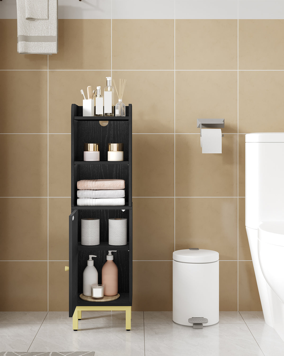joyunite Bathroom Cabinet, Small Corner Floor Cabinet with Door and Shelves, Narrow Toilet Paper Cabinets, Bathroom Organizer with Adjustable Shelf, for Small Spaces, Black, BC38204G
