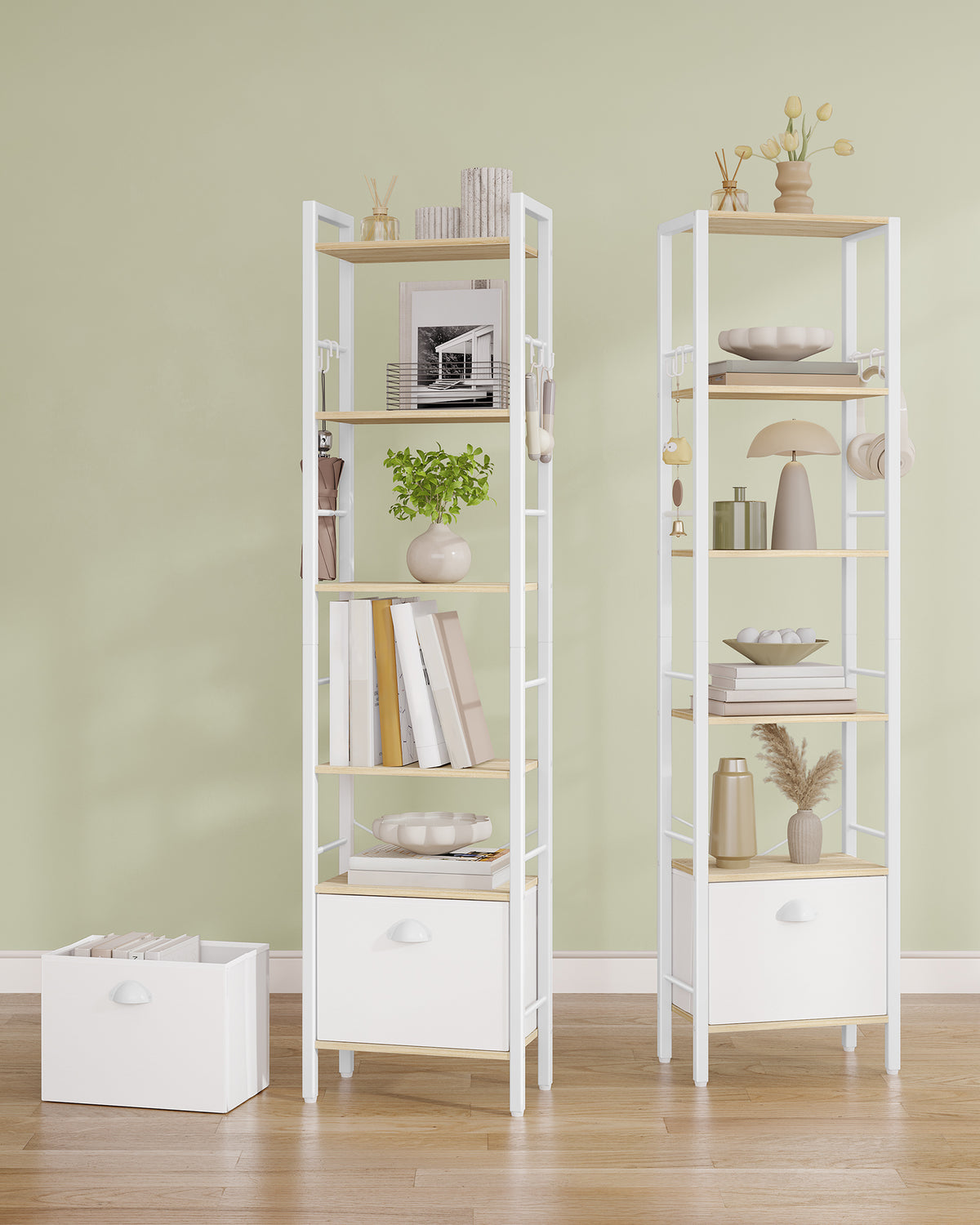 joyunite bookcase, 6 vertical shelves with 1 fold-down fabric drawer and 4 hooks, open shelves, metal frame, for study, living room, white oak, 24 x 40 x 173 cm, BC40616W