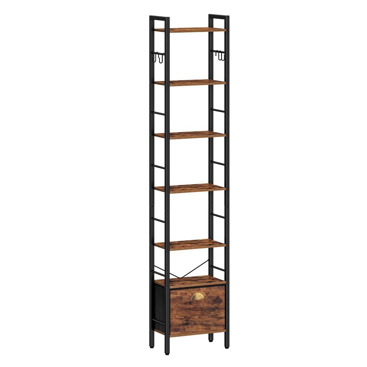 joyunite Bookshelf, 7 vertical shelves with 1 fold-down fabric drawer and 4 hooks, open shelves, metal frame, for study, living room, vintage brown-black, 24 x 40 x 198.8 cm, BC40701B