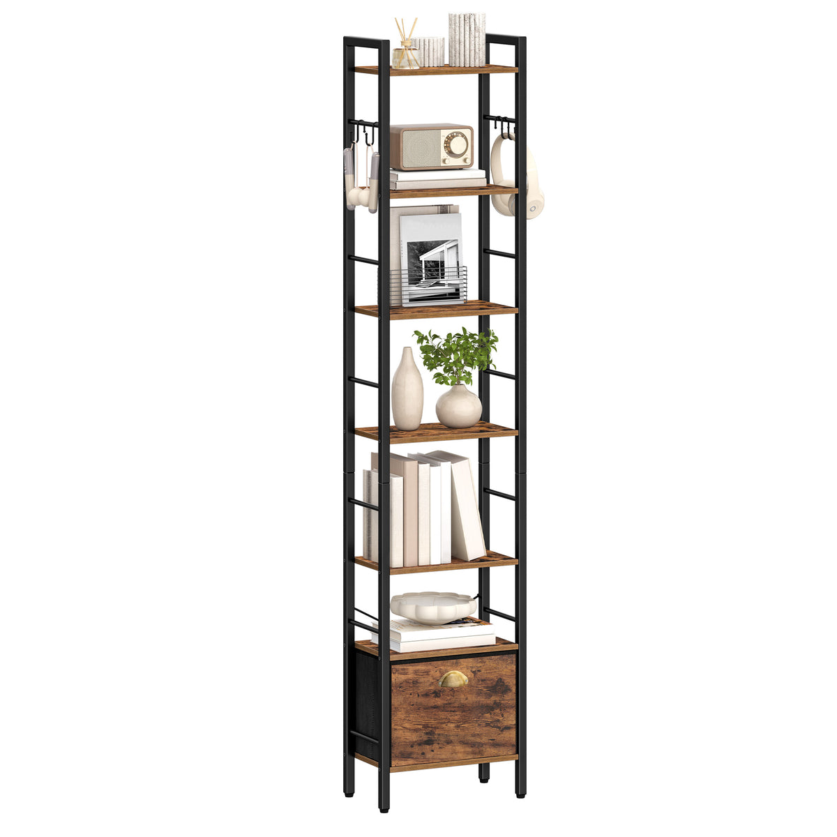 joyunite Bookshelf, 7 vertical shelves with 1 fold-down fabric drawer and 4 hooks, open shelves, metal frame, for study, living room, vintage brown-black, 24 x 40 x 198.8 cm, BC40701B