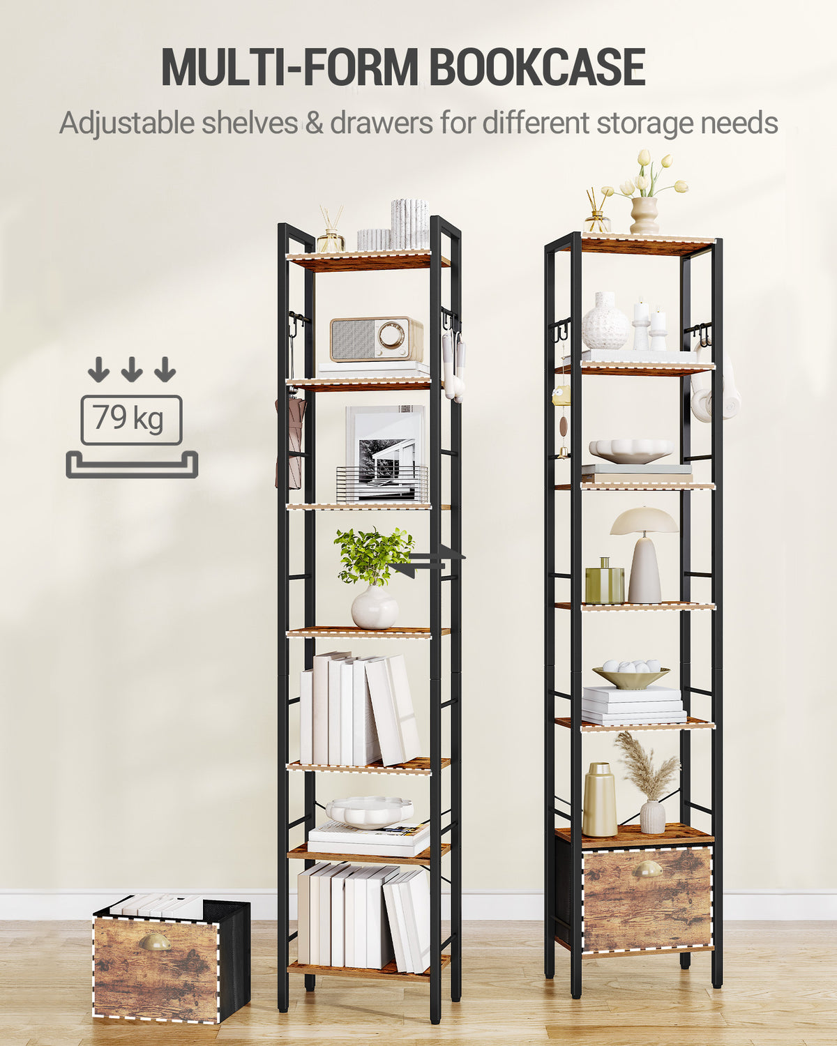 joyunite Bookshelf, 7 vertical shelves with 1 fold-down fabric drawer and 4 hooks, open shelves, metal frame, for study, living room, vintage brown-black, 24 x 40 x 198.8 cm, BC40701B